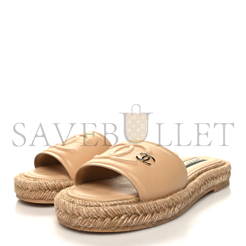 CHANE LAMBSKIN CC EMBOSSED ESPADRILLE MULE SANDALS BEIGE G39778